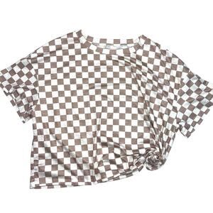 NWOT Tan White Checkerboard Short Sleeve Crew Neck Cropped T-Shirt Size XL